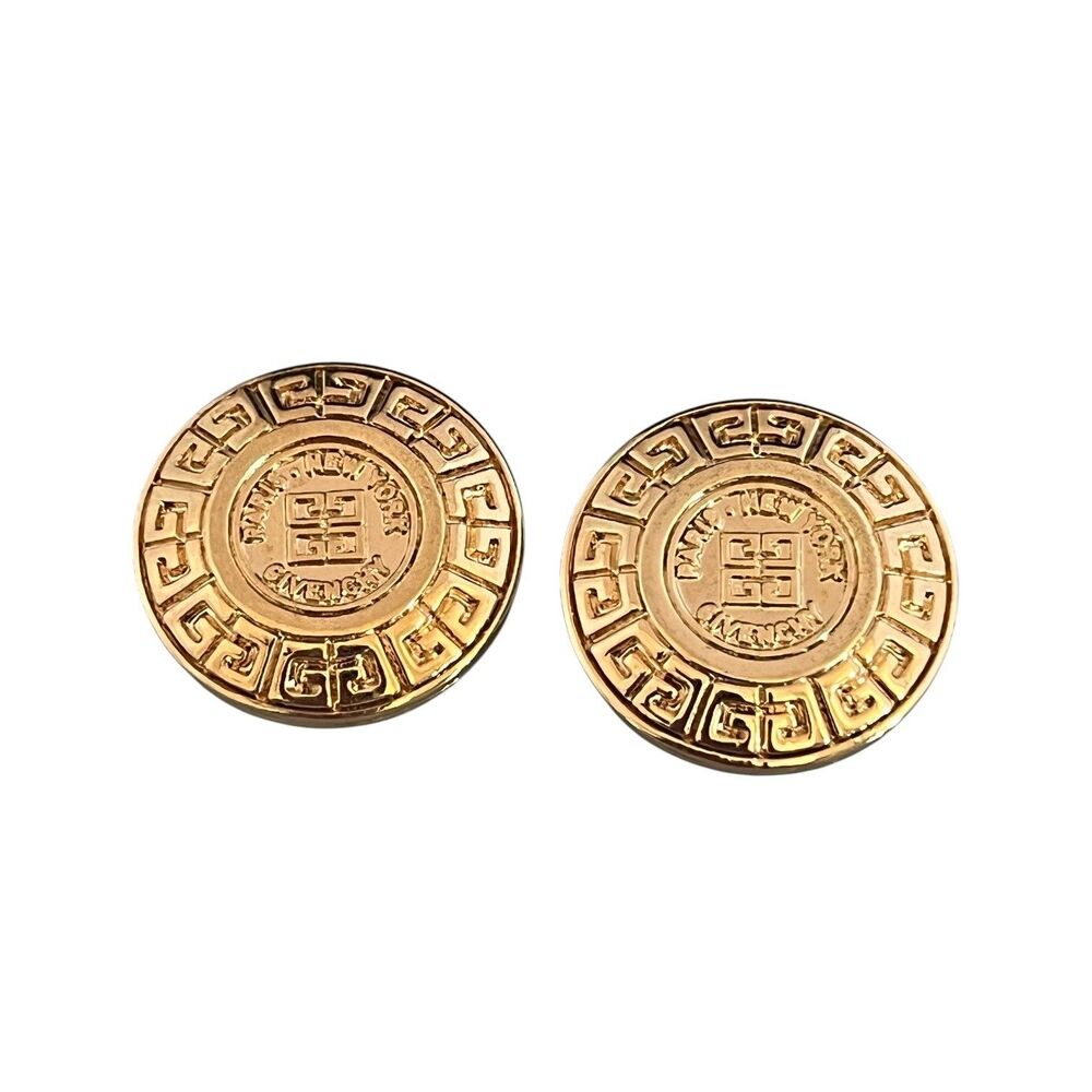 Vintage 1980s Givenchy Logo Earrings Gold Tone Button Clip On - 7Y